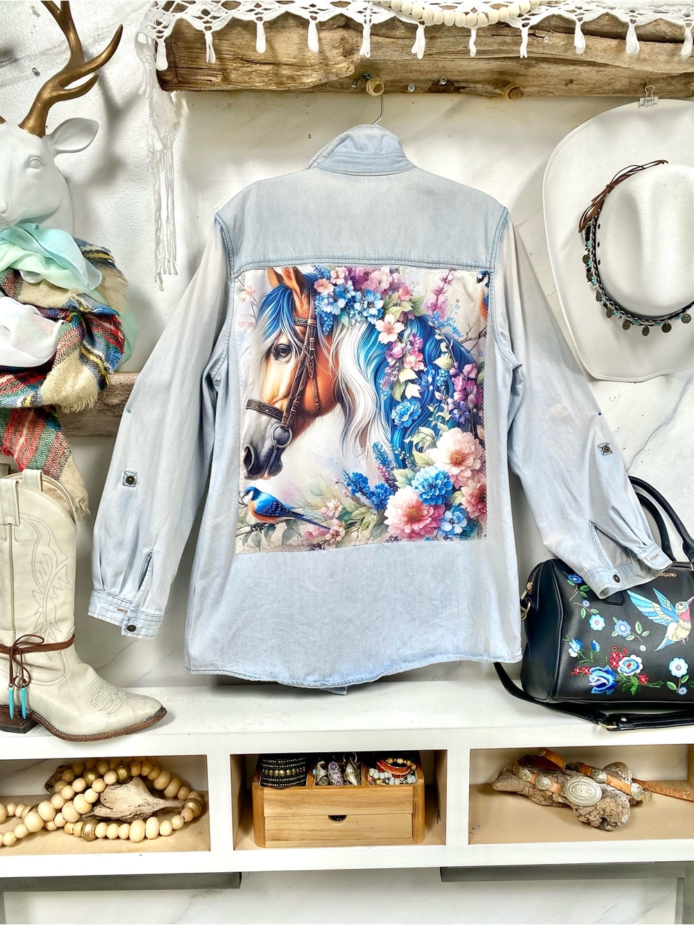 Romantic Horse RARE enchanting Upcycled floral back detailing boho denim shirt